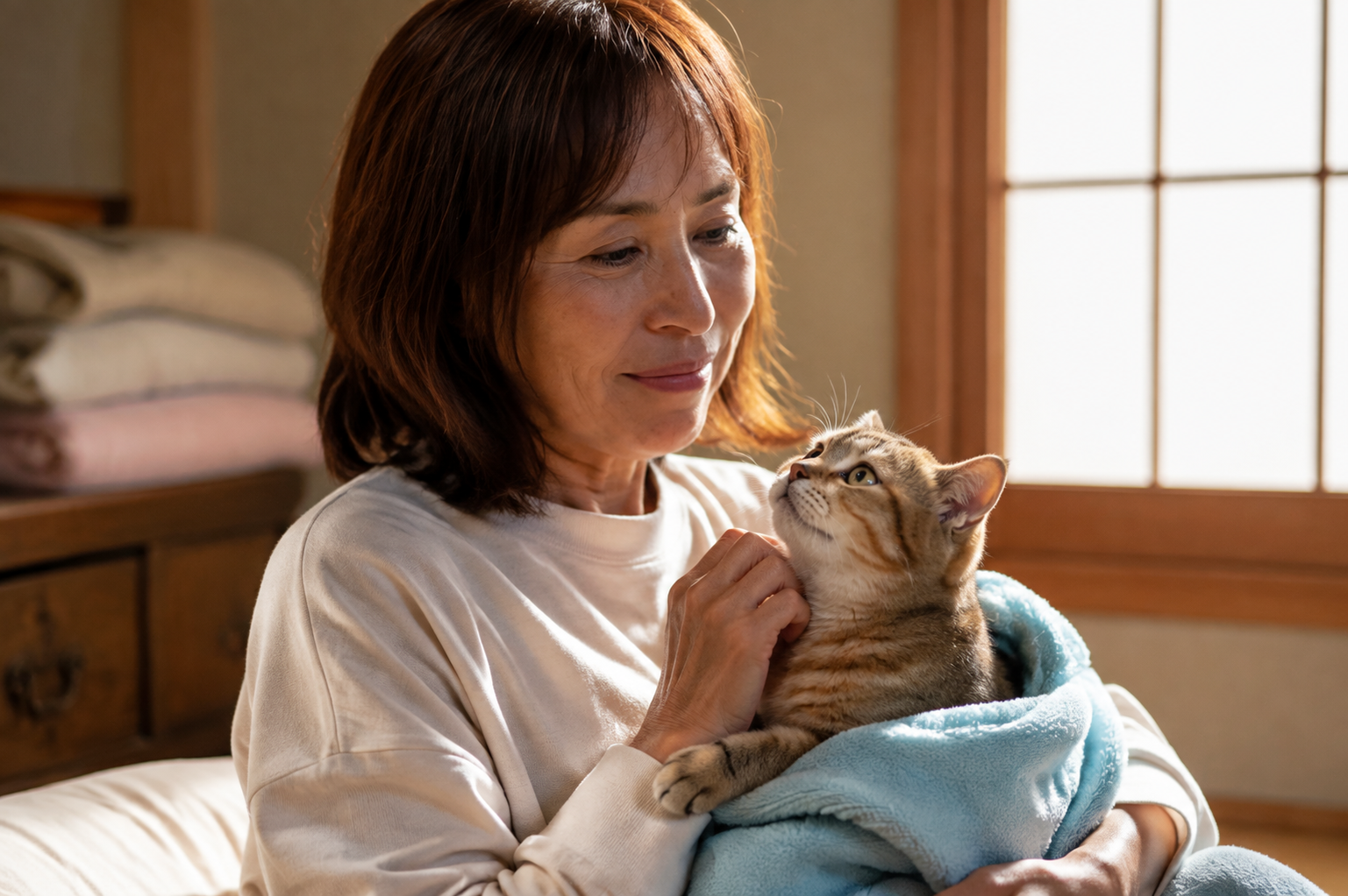 A woman at a rainy fish market cradling a soaked kitten wrapped in a blue towel