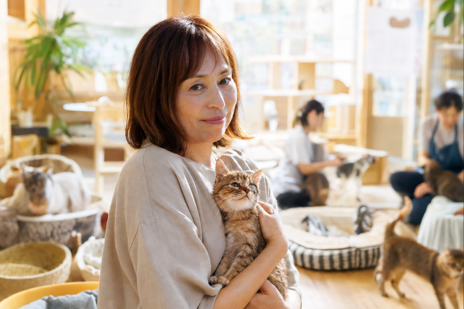 The same cat, healthy, resting a paw in her owner's open hand in a sunlit tatami room