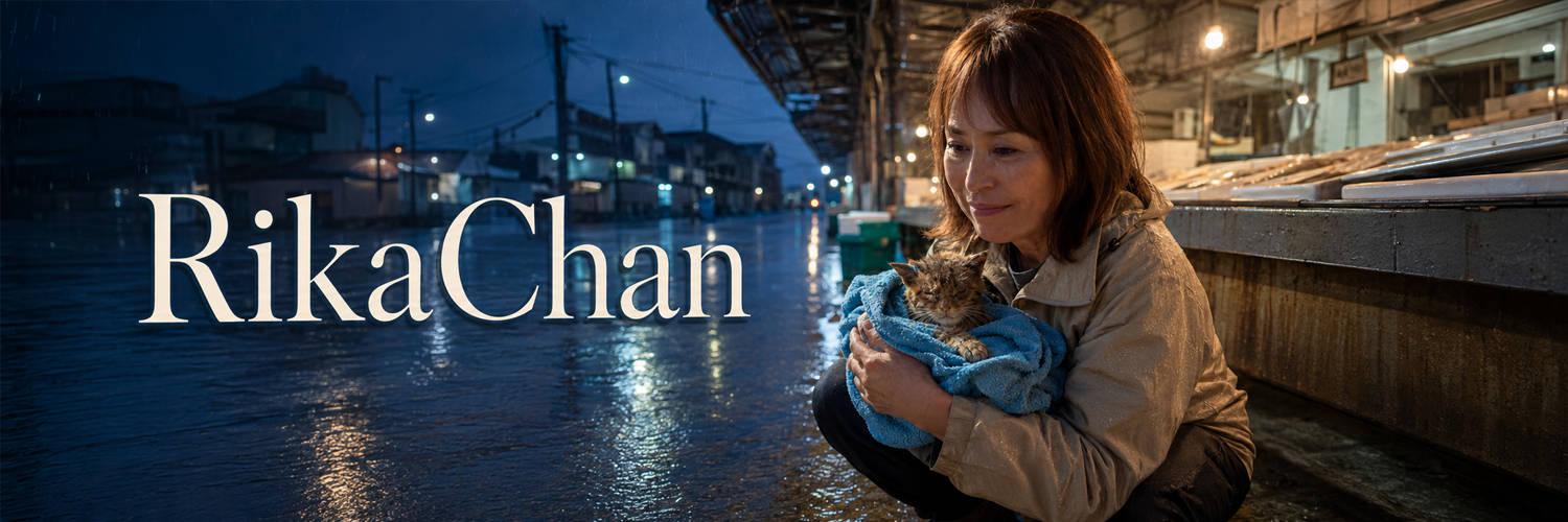 Rika-chan banner: Atsuko Sato holding Rika-chan wrapped in a blue towel at the harbour market